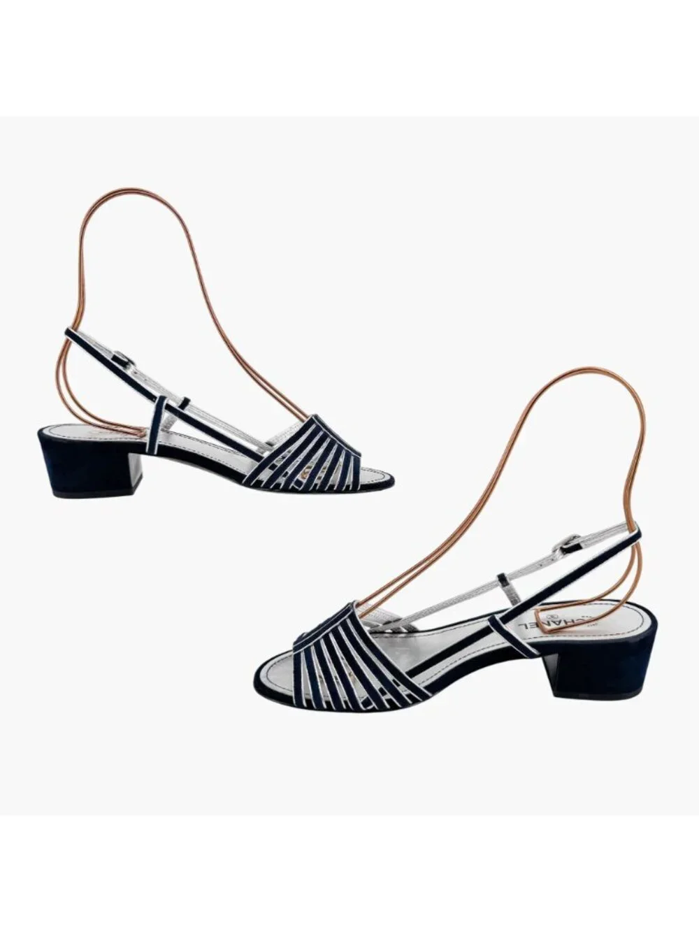 Chanel CC Strappy Slingback Sandals Block Heel Navy Blue Silver Size 37 US 6-6.5